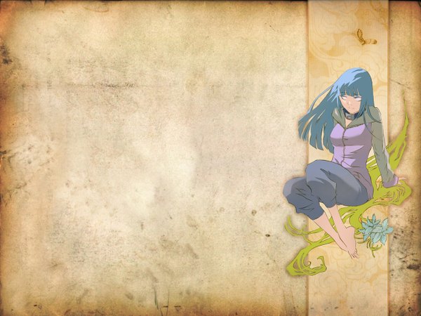 Anime picture 1280x960 with naruto studio pierrot naruto (series) hyuuga hinata single long hair fringe sitting blue hair full body blunt bangs barefoot light smile arm support floating hair looking down yellow background white eyes no pupils girl