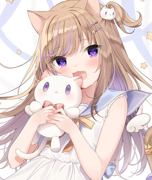 Anime picture 1254x1482 with original leo (mafuyu) mafuyu (chibi21) single long hair tall image looking at viewer blush fringe open mouth simple background blonde hair holding animal ears upper body tail :d animal tail multicolored hair cat ears