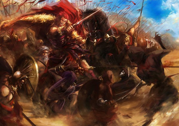 Anime picture 1800x1273 with fate (series) fate/stay night fate/zero studio deen type-moon rider (fate/zero) assassin (fate/zero) stu dts long hair highres short hair red eyes purple hair ponytail red hair muscle battle army girl boy