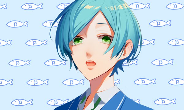 Anime picture 2000x1200 with ensemble stars! shinkai kanata asd13 single highres short hair open mouth wide image green eyes looking away aqua hair face boy