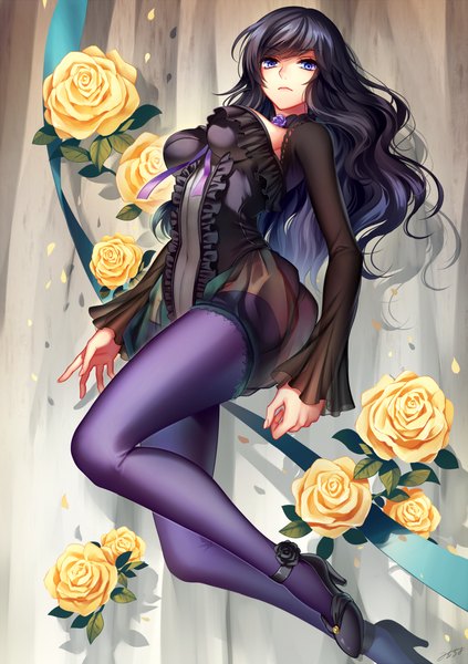 Anime-Bild 900x1275 mit original milcho single long hair tall image looking at viewer blue eyes light erotic black hair girl thighhighs dress flower (flowers)