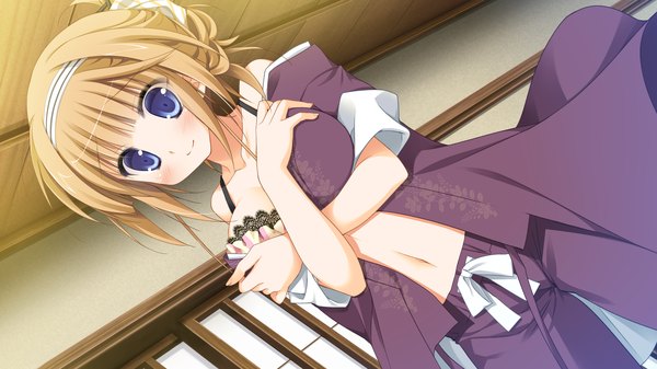 Anime picture 2560x1440 with 1/2 summer utashiro kanami sesena yau highres blue eyes light erotic blonde hair wide image game cg girl navel hairband pajamas