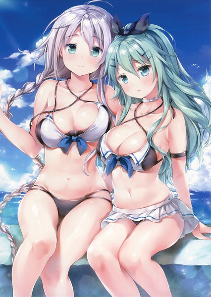 Anime picture 2414x3398 with kantai collection yamakaze (kantai collection) umikaze (kantai collection) chiyingzai long hair tall image looking at viewer blush fringe highres breasts light erotic hair between eyes large breasts sitting multiple girls sky cleavage silver hair cloud (clouds)
