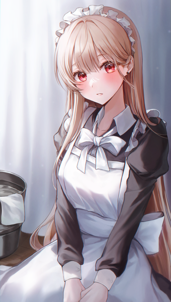 Anime-Bild 2786x4901 mit original youwon0417 single long hair tall image looking at viewer blush fringe highres blonde hair hair between eyes red eyes sitting indoors long sleeves parted lips maid puffy sleeves anaglyph girl