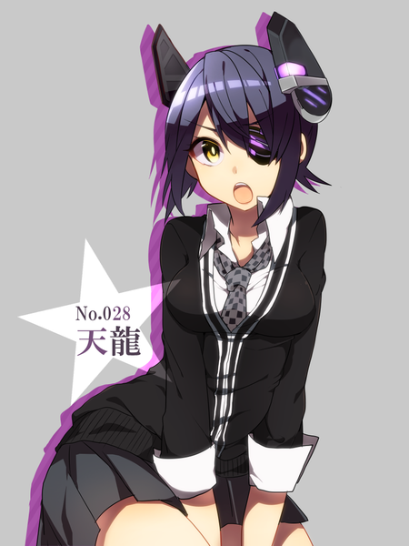 Anime picture 823x1097 with kantai collection tenryuu light cruiser usuke (38257259) single tall image looking at viewer short hair open mouth simple background yellow eyes purple hair pleated skirt grey background character names girl skirt uniform school uniform necktie headdress