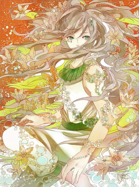 Anime picture 1000x1346 with original irorico single long hair tall image brown hair green eyes barefoot underwater otoko no ko boy flower (flowers) earrings water bracelet jewelry bubble (bubbles)