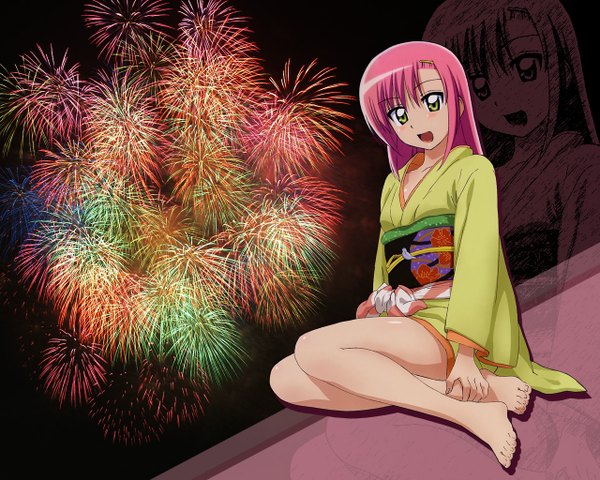 Anime picture 1280x1024 with hayate no gotoku! katsura hinagiku pink hair japanese clothes fireworks
