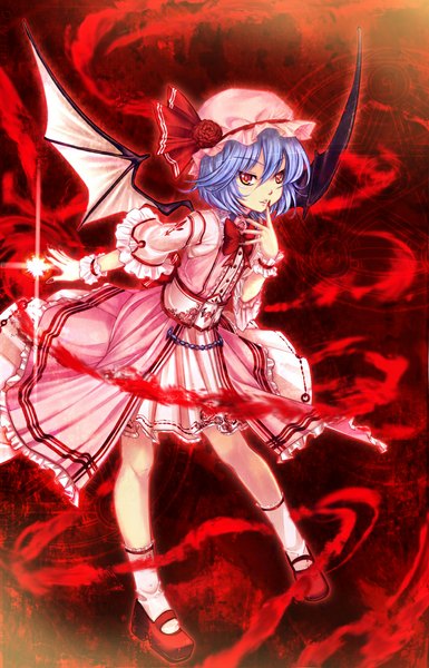 Anime picture 700x1089 with touhou remilia scarlet kugi ta hori taira single tall image looking at viewer short hair red eyes blue hair glowing finger to mouth red background girl dress flower (flowers) wings socks frills bowtie white socks