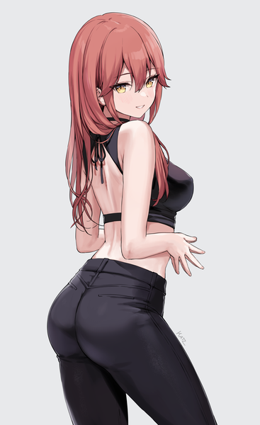 Anime picture 2888x4725 with original liliya (kaetzchen) kaetzchen single long hair tall image looking at viewer blush fringe highres breasts light erotic simple background hair between eyes standing signed yellow eyes red hair parted lips from behind