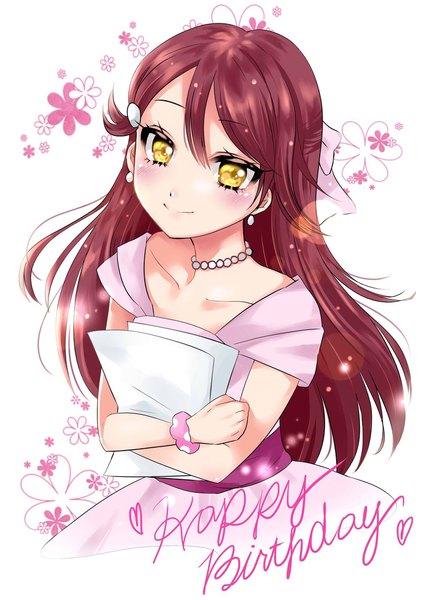 Anime picture 1448x2048 with love live! sunshine!! sunrise (studio) love live! sakurauchi riko asariri1129 single long hair tall image looking at viewer blush fringe simple background hair between eyes white background holding yellow eyes upper body red hair light smile happy birthday