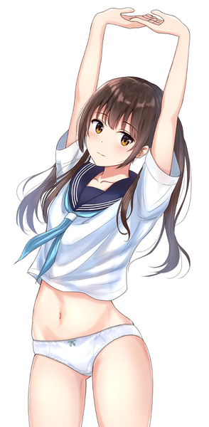 Anime picture 686x1400 with original burenbo single long hair tall image looking at viewer blush fringe light erotic simple background brown hair standing white background twintails brown eyes payot arms up bare belly short sleeves embarrassed
