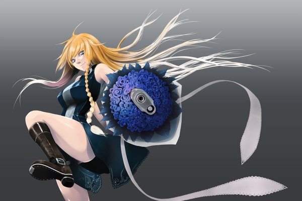 Anime picture 1500x1000 with original long hair blonde hair simple background green eyes very long hair grey background girl flower (flowers) weapon boots shield