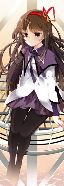 Anime picture 400x1154 with mahou shoujo madoka magica shaft (studio) akemi homura roh nam kyung single long hair tall image blush smile brown hair purple eyes pleated skirt girl skirt uniform ribbon (ribbons) hair ribbon school uniform pantyhose bowtie