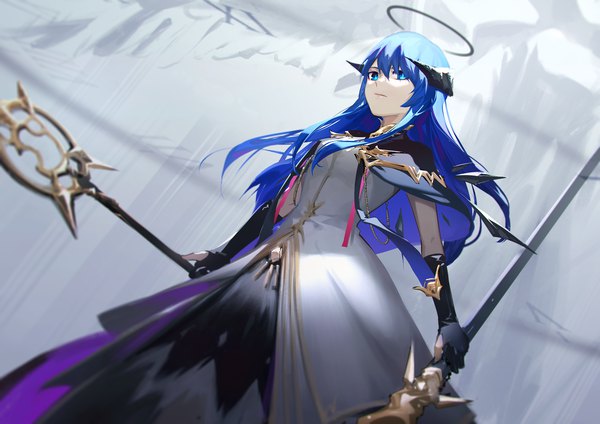 Anime picture 2122x1500 with arknights mostima (arknights) mostima (spellbreaker) (arknights) 3four single long hair looking at viewer fringe highres blue eyes hair between eyes standing blue hair horn (horns) official alternate costume girl dress halo staff