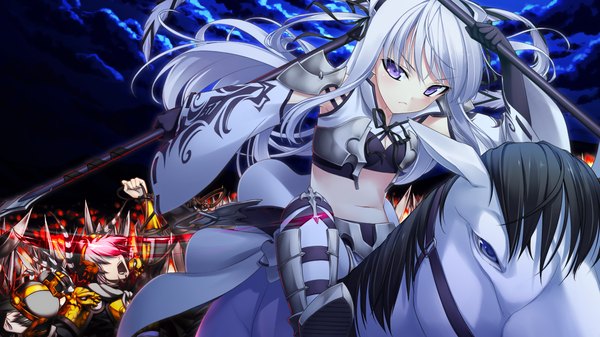 Anime picture 1280x720 with sangoku hime unicorn-a long hair wide image purple eyes game cg white hair battle girl gloves weapon elbow gloves horse