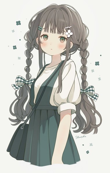 Anime picture 2546x4016 with original shiraho (color-56) single long hair tall image blush fringe highres black hair signed payot blunt bangs braid (braids) black eyes twin braids girl dress bow hair bow bobby pin