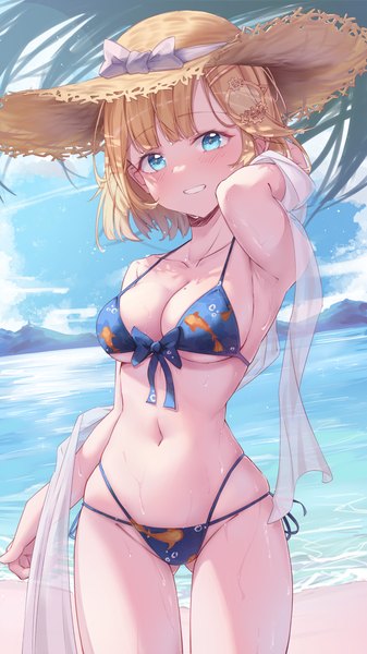 Anime picture 2160x3840 with virtual youtuber hololive hololive english watson amelia shironekokfp single tall image looking at viewer blush fringe highres short hair breasts blue eyes light erotic blonde hair smile large breasts sky cloud (clouds)