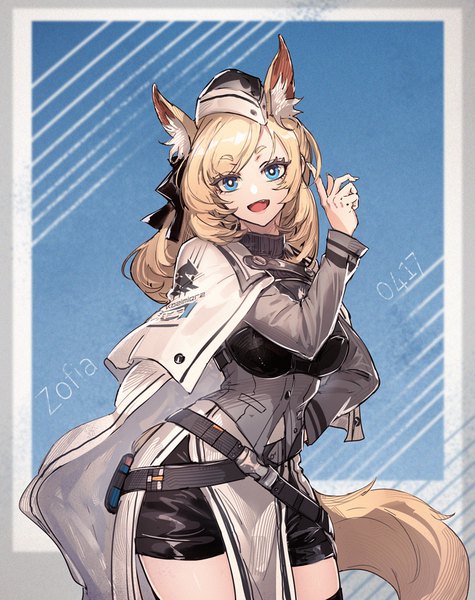Anime picture 750x947 with arknights whislash (arknights) ryuuzaki ichi single long hair tall image looking at viewer open mouth blue eyes blonde hair standing animal ears tail :d animal tail arm up hand on hip border dated blue background