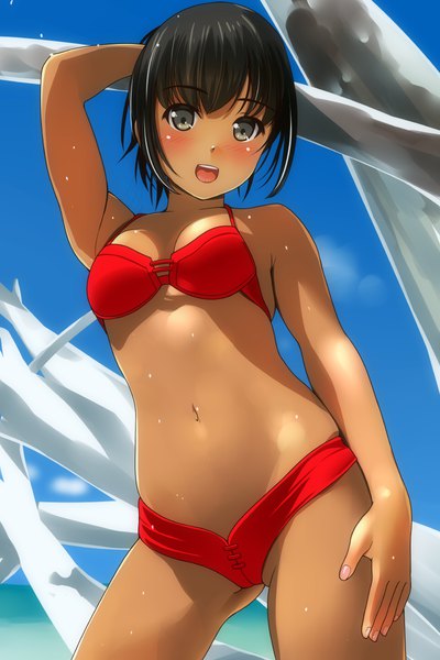 Anime picture 800x1200 with original matsunaga kouyou single tall image looking at viewer blush short hair breasts open mouth light erotic black hair black eyes from below ass visible through thighs arm behind head tan girl navel swimsuit bikini