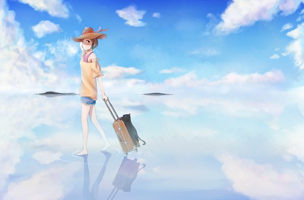 Anime picture 1400x920 with original ru-ji single looking at viewer short hair brown hair brown eyes sky cloud (clouds) reflection girl hat animal shorts cat suitcase