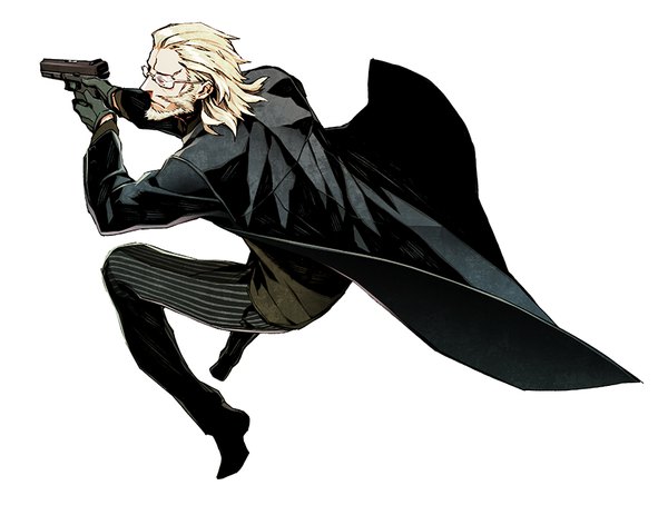 Anime picture 879x666 with dogs: bullets & carnage david production mihai mihaeroff miwa shirow single long hair blonde hair simple background white background looking away full body profile boy gloves weapon glasses gun pants cloak pistol
