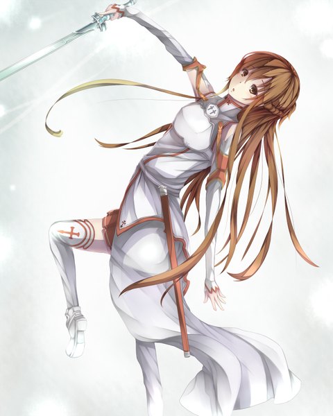 Anime picture 1300x1625 with sword art online a-1 pictures yuuki asuna inushi single long hair tall image looking at viewer fringe brown hair holding brown eyes braid (braids) pleated skirt :o side braid half updo weightlessness girl skirt