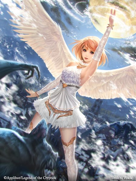 Anime picture 700x933 with legend of the cryptids minmi lie-on single tall image looking at viewer fringe short hair breasts blue eyes blonde hair sky cloud (clouds) parted lips arm up lips armpit (armpits) midriff zettai ryouiki magic