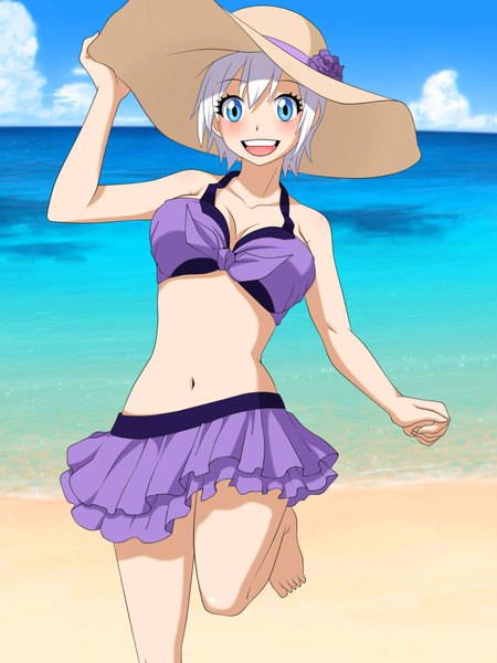 Anime picture 1536x2048 with fairy tail lisanna strauss sophie4391 single tall image blush short hair open mouth blue eyes light erotic smile sky cloud (clouds) white hair bare belly beach coloring sand girl navel
