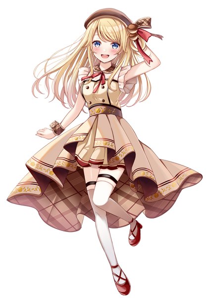 Anime picture 776x1088 with virtual youtuber indie virtual youtuber suzuka stella sakura hiyori single long hair tall image looking at viewer blush open mouth blue eyes simple background blonde hair standing white background :d standing on one leg hand on head girl thighhighs