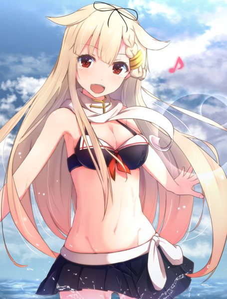 Anime picture 758x1000 with kantai collection yuudachi destroyer cuon (kuon) single long hair tall image looking at viewer blush fringe breasts open mouth light erotic blonde hair red eyes large breasts standing sky cloud (clouds) blunt bangs braid (braids)