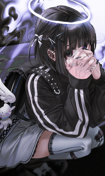 Anime picture 3588x6000 with original unxi single tall image looking at viewer fringe highres short hair black hair payot absurdres bent knee (knees) blunt bangs long sleeves nail polish fingernails from above black eyes blurry two side up