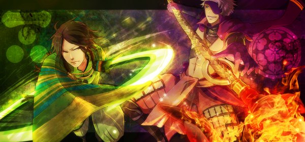 Anime picture 1650x768 with sengoku basara production i.g motochika chousokabe motonari mouri short hair brown hair wide image brown eyes grey hair battle boy gloves weapon armor eyepatch fire anchor