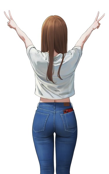 Anime picture 1500x2400 with original yukimaru ai single long hair tall image simple background brown hair standing white background ass from behind arms up short sleeves victory girl transparent clothing t-shirt mobile phone smartphone jeans