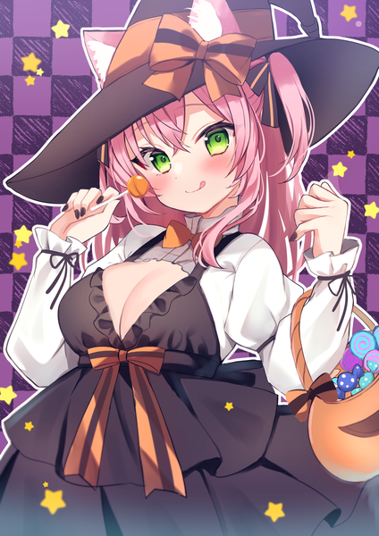 Anime picture 1131x1600 with original haruka (hamico) hamico single long hair tall image looking at viewer blush fringe breasts light erotic black hair hair between eyes green eyes animal ears pink hair cleavage nail polish two side up halloween