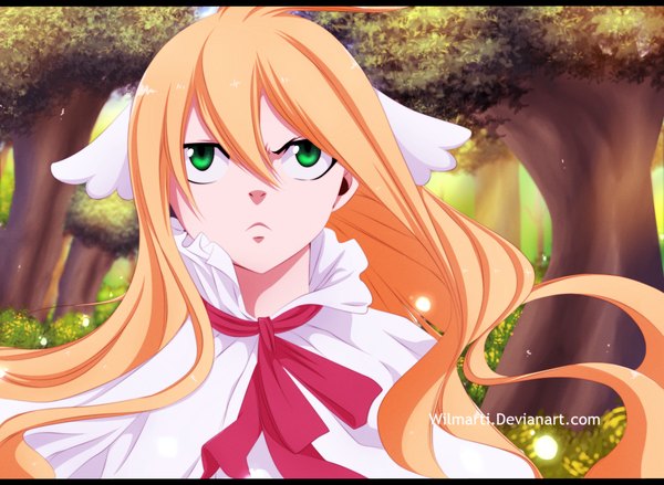 Anime picture 2000x1464 with fairy tail mavis vermillion wilmarti single long hair highres blonde hair green eyes ahoge coloring portrait girl plant (plants) tree (trees)