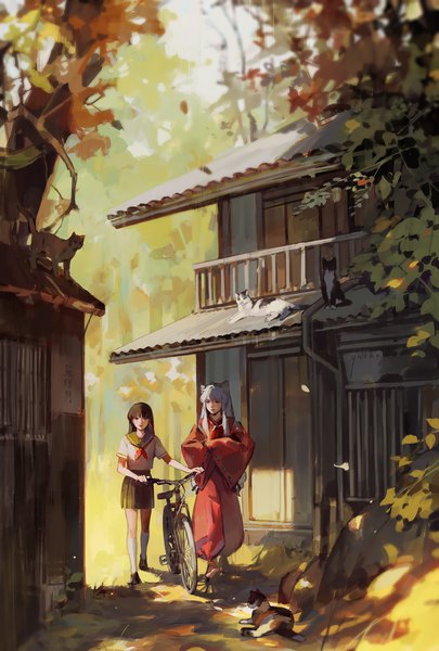 Anime picture 777x1150 with inuyasha inuyasha (character) higurashi kagome yueko (jiayue wu) long hair tall image black hair silver hair full body outdoors traditional clothes japanese clothes hands in sleeves girl boy uniform plant (plants) animal tree (trees) socks