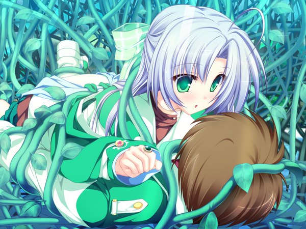 Anime picture 1600x1200 with magus tale whirlpool (studio) alicia infans tenmaso long hair blush short hair open mouth light erotic brown hair green eyes game cg purple hair ahoge lying half updo girl boy uniform plant (plants)