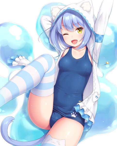 Anime picture 910x1130 with original sasaame single tall image looking at viewer blush fringe short hair breasts open mouth light erotic simple background smile white background animal ears yellow eyes blue hair bent knee (knees) tail animal tail