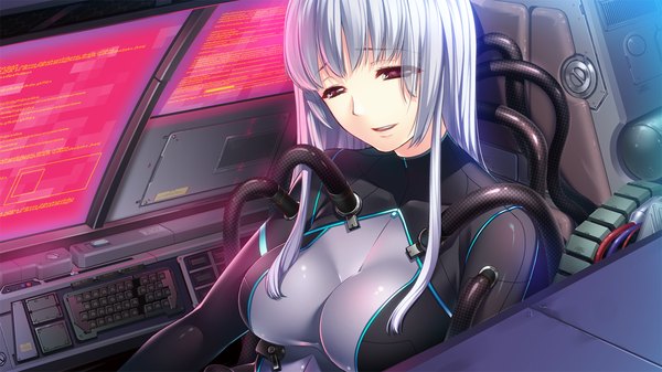 Anime picture 1280x720 with gun knight girl takato sayako sumeragi kohaku long hair red eyes wide image game cg silver hair girl bodysuit