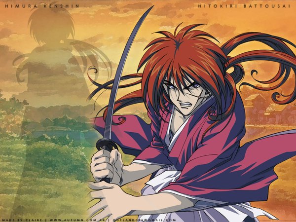 Anime picture 1600x1200 with rurouni kenshin himura kenshin blue eyes signed japanese clothes scar sword katana