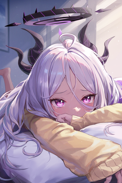 Anime picture 2048x3072 with blue archive hina (blue archive) bao (840bao) single long hair tall image looking at viewer fringe highres hair between eyes purple eyes silver hair ahoge indoors lying horn (horns) on stomach cute girl halo