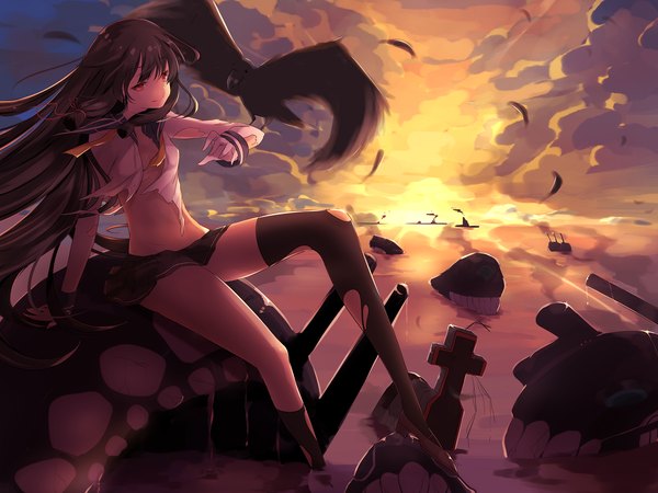 Anime picture 1680x1260 with kantai collection isokaze destroyer kito koruta long hair open mouth light erotic smile brown hair sitting sky cloud (clouds) wind open clothes arm support orange eyes open shirt torn clothes evening sunset horizon