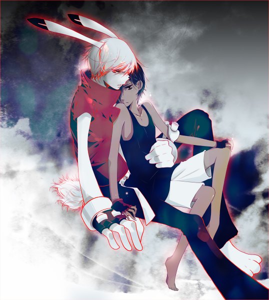 Anime picture 1075x1200 with summer wars madhouse king kazuma ikezawa kazuma tennen hz (artist) tall image short hair black hair simple background red eyes sitting brown eyes silver hair barefoot grey hair grey background multiple boys no shoes sleeveless couple