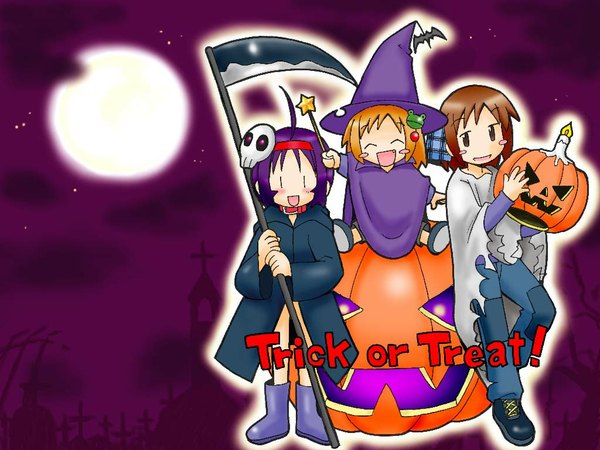 Anime picture 1024x768 with suigetsu futaba channel yamato suzuran waha halloween trick or treat vegetables jack-o'-lantern pumpkin tagme choia musu