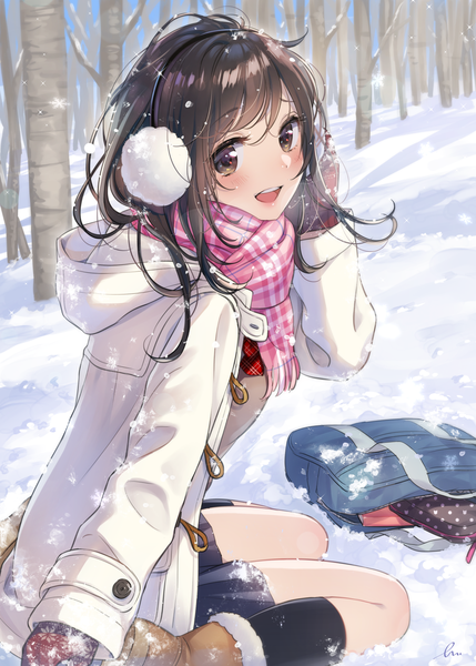 Anime picture 1332x1864 with original morikura en single long hair tall image looking at viewer blush open mouth smile brown hair sitting brown eyes outdoors :d open clothes fur trim wariza snowing winter snow