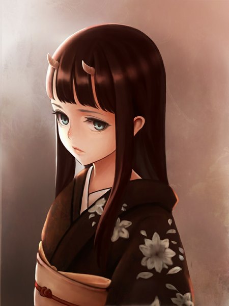 Anime picture 800x1067 with original sashimi (adam026) single long hair tall image blue eyes black hair looking away traditional clothes japanese clothes horn (horns) oni horns girl kimono obi