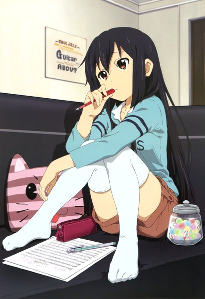 Anime picture 4076x5944 with k-on! kyoto animation megami magazine nakano azusa akitake seiichi single long hair tall image highres black hair brown eyes absurdres official art girl thighhighs white thighhighs shorts pillow couch paper