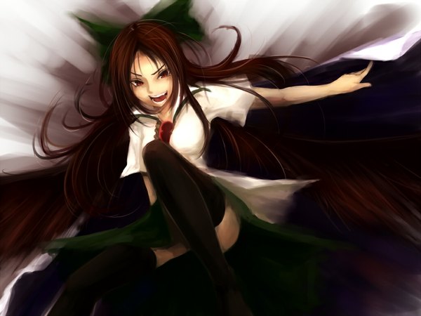 Anime picture 1024x768 with touhou reiuji utsuho shikkoku (border of season) single long hair open mouth red eyes brown hair girl thighhighs skirt bow black thighhighs hair bow green skirt