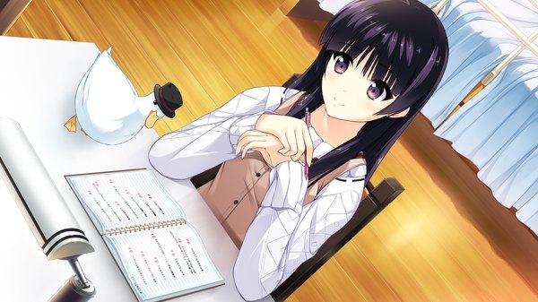 Anime picture 2560x1440 with kono oozora ni tsubasa wo hirogete habane kotori single long hair highres black hair smile wide image sitting purple eyes game cg girl sweater notebook