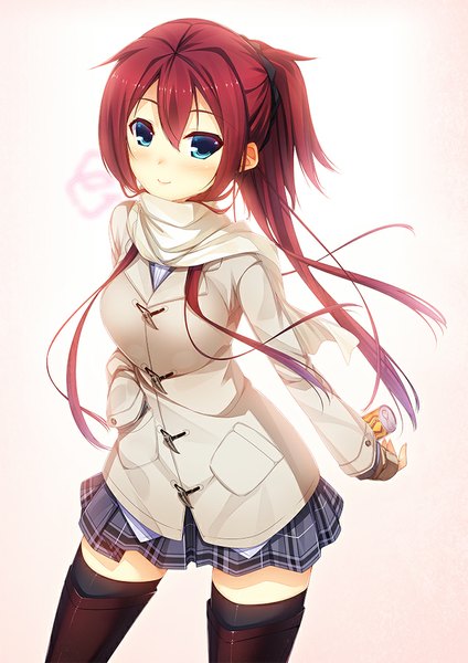 Anime picture 707x1000 with original ayatudura single long hair tall image looking at viewer blush blue eyes ponytail red hair pleated skirt zettai ryouiki plaid skirt hand in pocket girl thighhighs skirt black thighhighs miniskirt boots